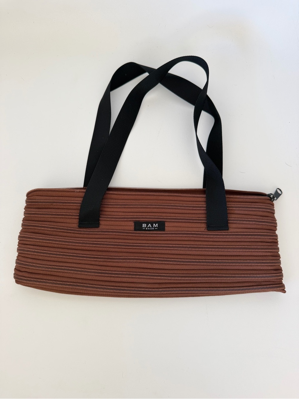 BAM Brown Zipper Coil Elongated Tote Bag Black Handles NWOT Vegan Minimalist